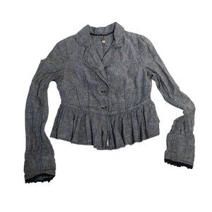 Free People XS Gray Ruffled Peplum Jacket Linen Cotton Blend Indie Rock Twee